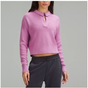 Lululemon Ribbed Knit Polo Sweater Pink Long Sleeve Cropped Size L